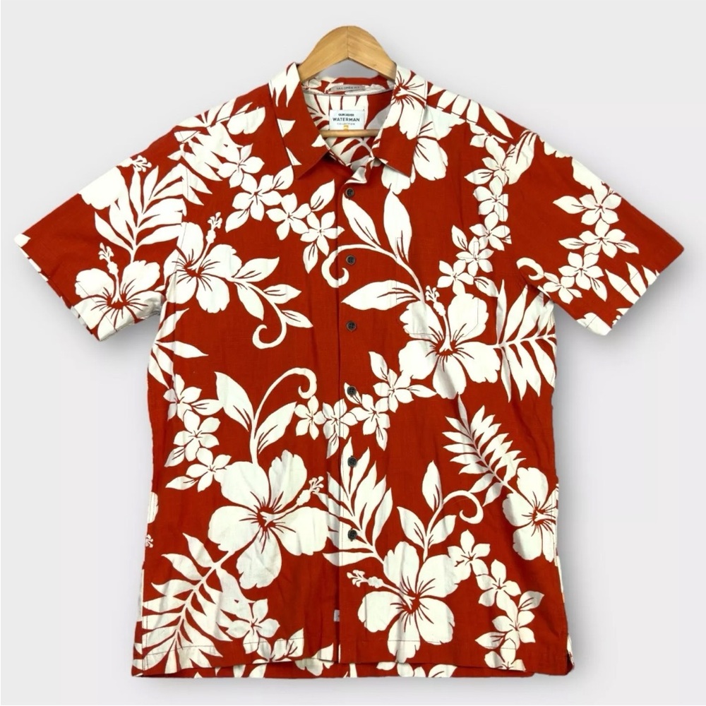 Quiksilver Waterman Short Sleeve Button Down Shirt Mens XL Red Floral AOP